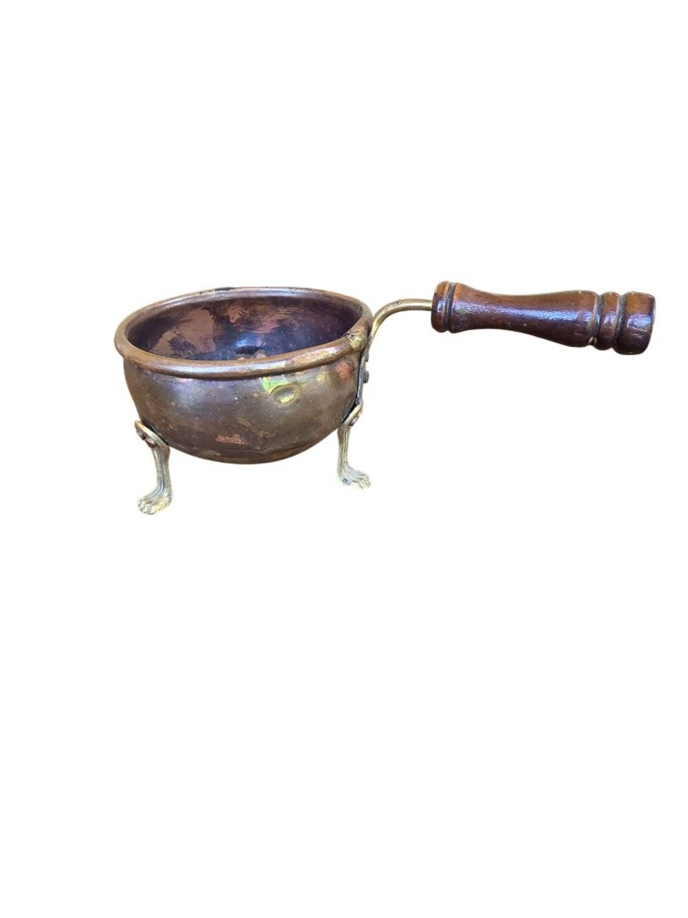 Vintage 1960s Brass Posnet Pot Wooden Handle 3 Legs Cottagecore Colonial Decor
